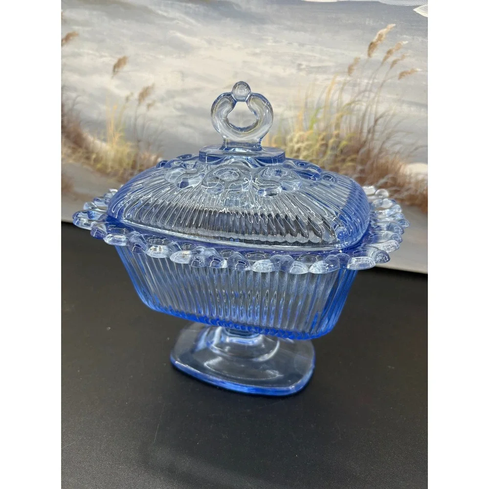Vintage Indiana Glass Candy Dish & Lid Footed Pedestal Blue Ribbed Lace Edge